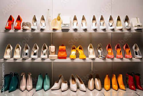 AI Generative Illustration of the interior of a luxury women's shoe store full of high-heeled shoes with different shapes and colors on the shelves