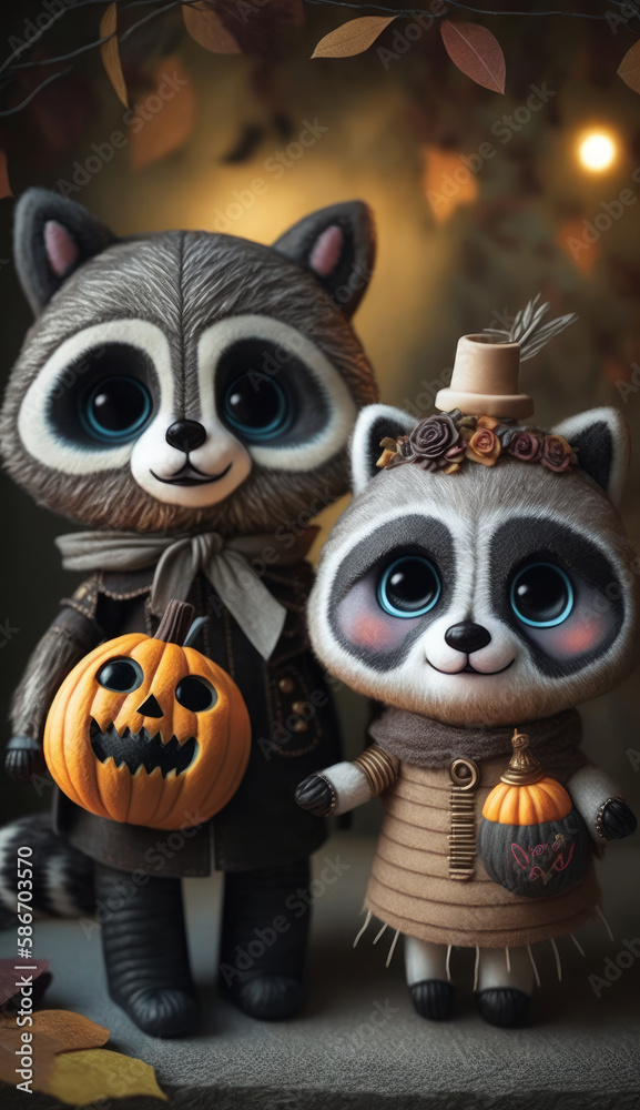 Exclusive and collectible pair of cute knitted raccoons. From yarn and lurex. At the Halloween party. Toy for children, decorative. Character in children's books and stories. Created with AI.