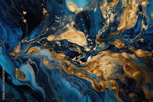 Ink indigo navy blue Gold and blue marbling abstract background, Generative AI.