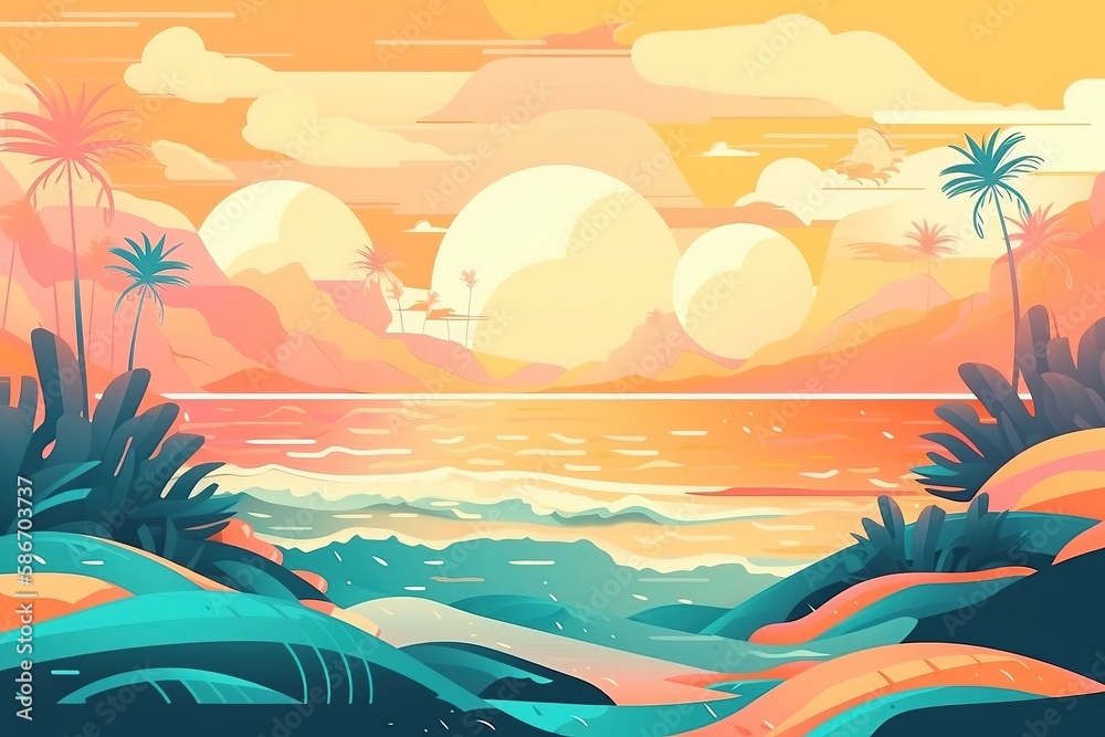 Summer. Background with beach and water. Can be used as a greeting card. Vector illustration. , Generative AI