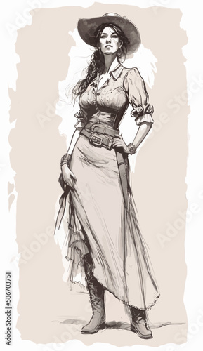 Beautiful drawing of a cowgirl in a posture of power and confidence. Artwork design, illustration for T-shirt printing, poster, badge wild west style, American western.