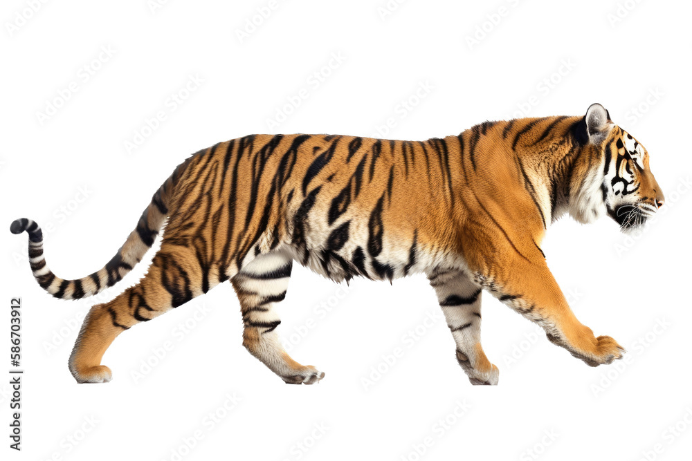 Fototapeta premium an isolated Bengal tiger walking side view, majestic, stalking prey, fierce jungle-themed photorealistic illustration on a transparent background in PNG. Horizontal. Generative AI