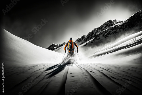 Black and white dramatic photograph of a lone skier on a snowy landscape with touches of bright orange. Evokes the adventure and beauty of winter sports. Generative AI © XaMaps