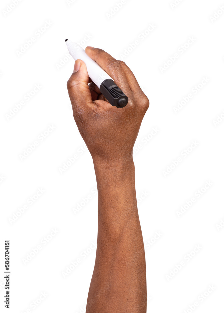 Man holding a black marker in a hand and writing or drawing, isolated on white or transparent background Man holding a black marker in a hand and writing or drawing, isolated on white or transparent background