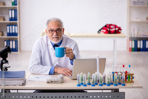 Old male chemist in drugs synthesis concept