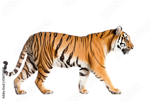 an isolated Bengal tiger walking side view  majestic  stalking prey  fierce jungle-themed photorealistic illustration on a transparent background in PNG. Horizontal. Generative AI