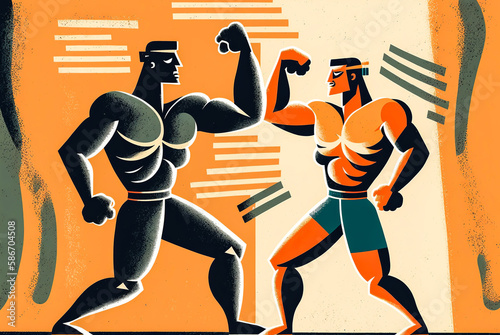 Duel between two Greek characters in a colorful and caricatural style. Dynamic illustration radiating warm colors inspired by ancient Greece. Generative AI
