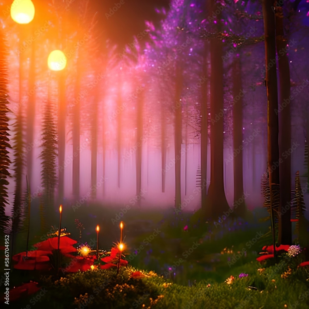 Fairy forest at night, fantasy glowing flowers, butterfly and lights