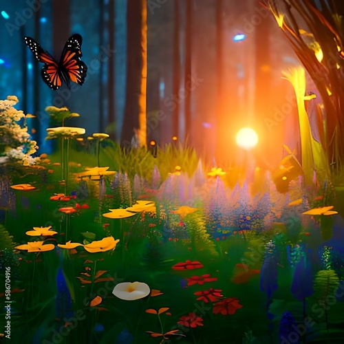 Fairy forest at night, fantasy glowing flowers and lights