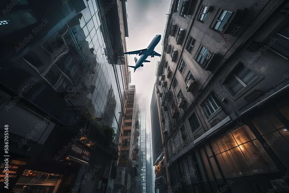 Low angle photography of airliner passing through buildings, Generative AI