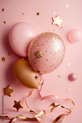 Party balloon pink background with little golden stars. Illustrator AI Genera...