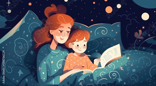 A mother and her child snuggle together in bed while reading a storybook. Generative AI