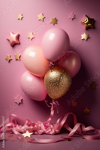 Party balloon pink background with little golden stars. Illustrator AI Genera...