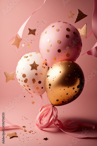 Party balloon pink background with little golden stars. Illustrator AI Genera...