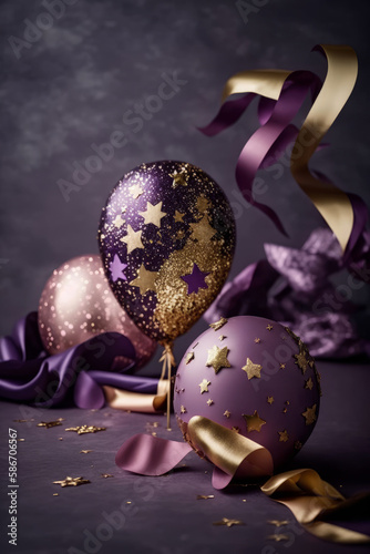 Party balloon violet background with little golden stars. Illustrator AI Gene...