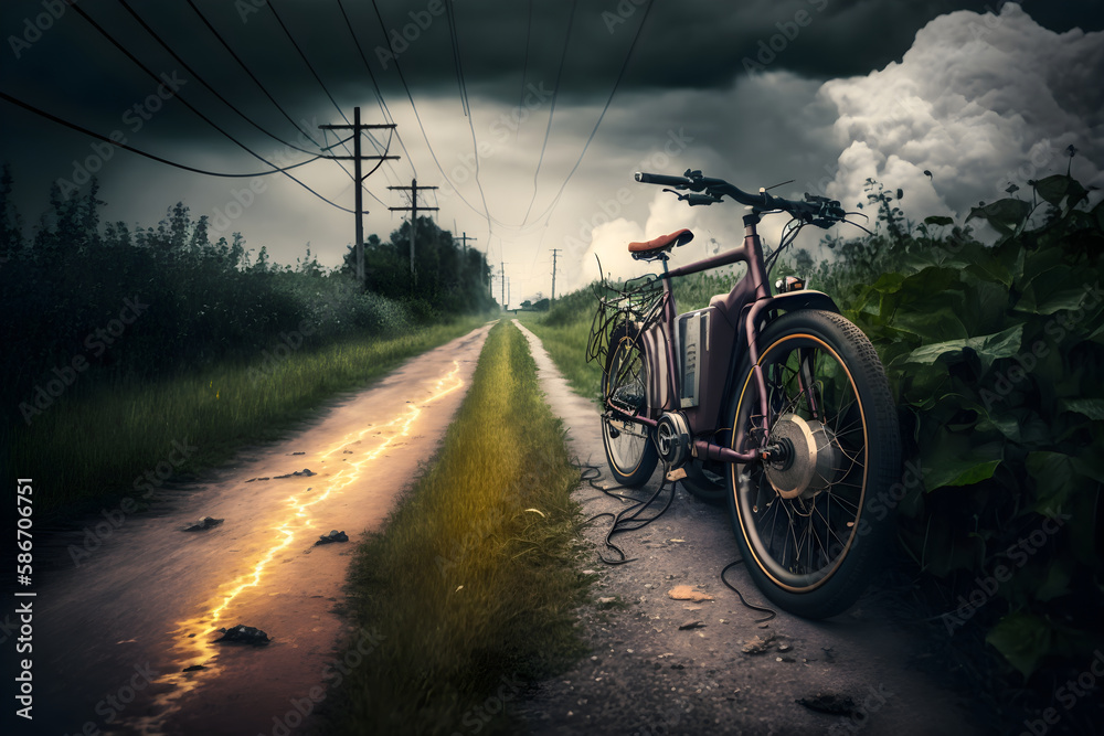 Obraz premium Electric bike on a country road before the storm, Generative AI