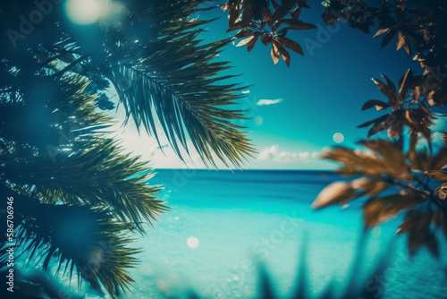 Panorama of blurred blue sky and sea with bokeh light. Illustrator AI Generative