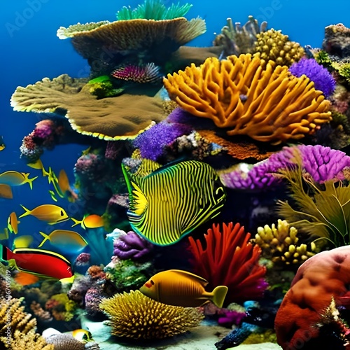 Fishs and Animals of the underwater sea world. Ecosystem. Colorful tropical fish. Life in the coral reef