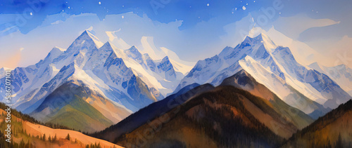 Watercolor mountain autumn landscape with snow on the peaks. Panorama. Generative AI.