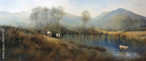 Watercolor mountain autumn pasture landscape with sheep. Panorama. Generative AI.