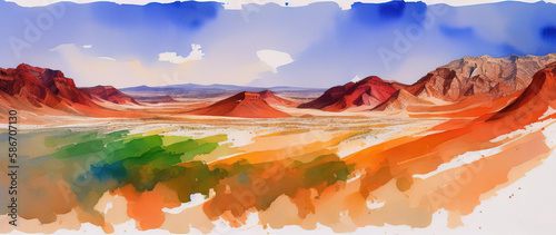 Watercolor drawing of a colored canyon in the desert of Egypt. Generative AI.