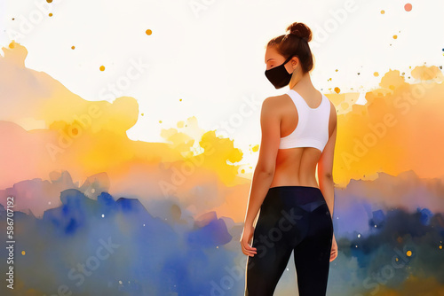 A young healthy girl does a set of exercises outdoors in a protective anti-virus mask, watercolor drawing. Generative AI.
