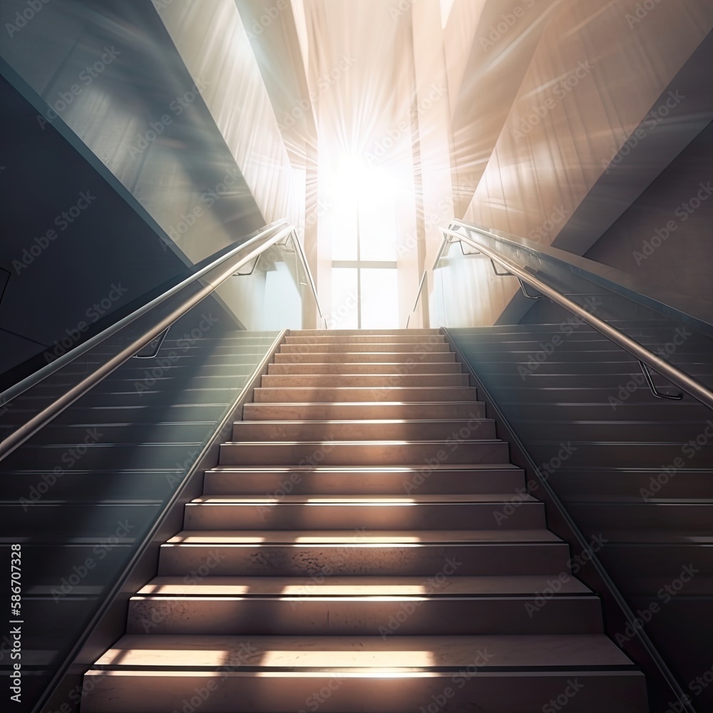 Stairs indoors in a modern building, with light shining at the top.