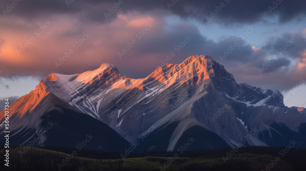 The majestic mountain range at sunset is captured in fine art, with peaks, clouds, and valleys aglow in cool blues, purples, and oranges, Created with generative Ai Technology.