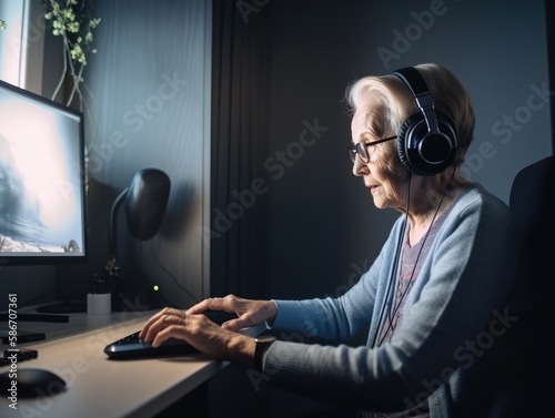 Elderly woman as a video influencer, speaking infront of the computer in a room, Ai Generative.