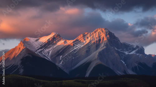 The majestic mountain range at sunset is captured in fine art, with peaks, clouds, and valleys aglow in cool blues, purples, and oranges, Created with generative Ai Technology. © Roberto