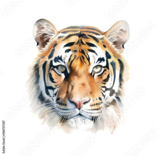 an isolated Bengal tiger portrait  face  stalking prey  fierce jungle-themed watercolor illustration on a transparent background in PNG. Generative AI