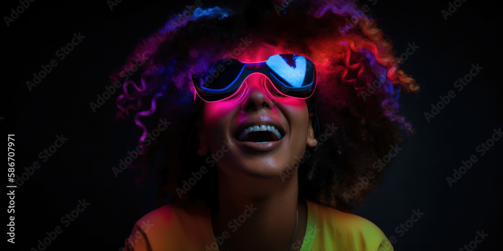 Obraz premium Portrait of an African-American woman in astonishment wearing a virtual reality headset. Vivid colors neon glowing HMD generative ai