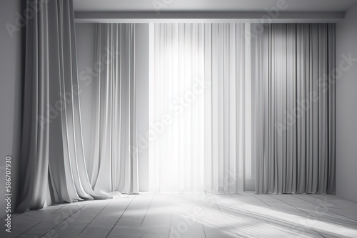 Minimalistic abstract gentle light grey background for product presentation with light and shadow of window curtains on wall. , Generative AI