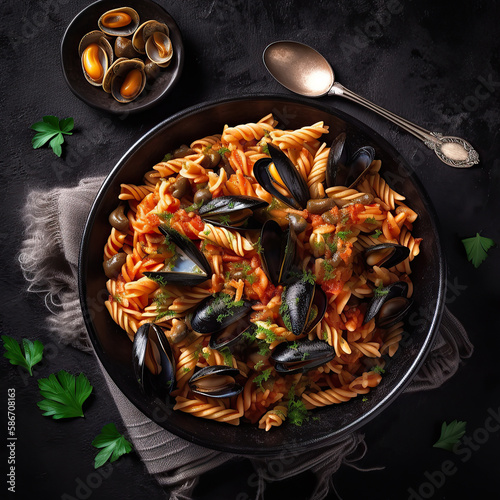 Classic italian pasta fusilli marinara with mussels, Italian seafood pasta with clams and musselson on dark table. Top view. Generative AI. photo