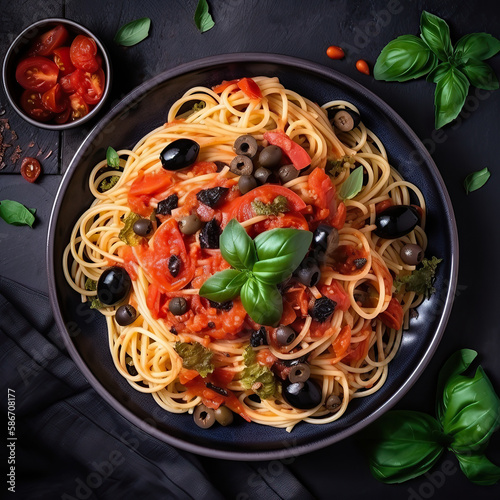 Spaghetti. Italian pasta dish with tomatoes, black olives, capers, anchovies and basil on dark table. Top view. Generative AI.