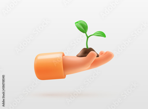 Hand holding seedling plant in soil 3d vector cartoon illustration. Symbol of of ecology of conservation and growth isolated design elements