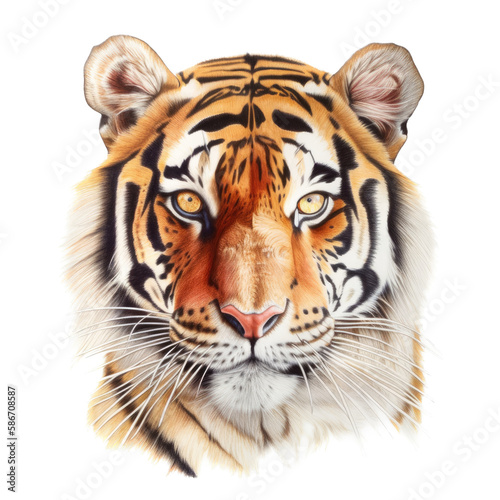 an isolated Bengal tiger face portrait  face  stalking prey  fierce jungle-themed watercolor painting illustration on a transparent background in PNG. Generative AI