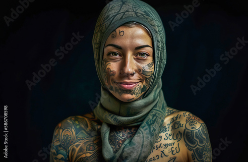 Generative AI illustration of a beautiful young berber woman with hijab, tattoos and typical jewelry photo