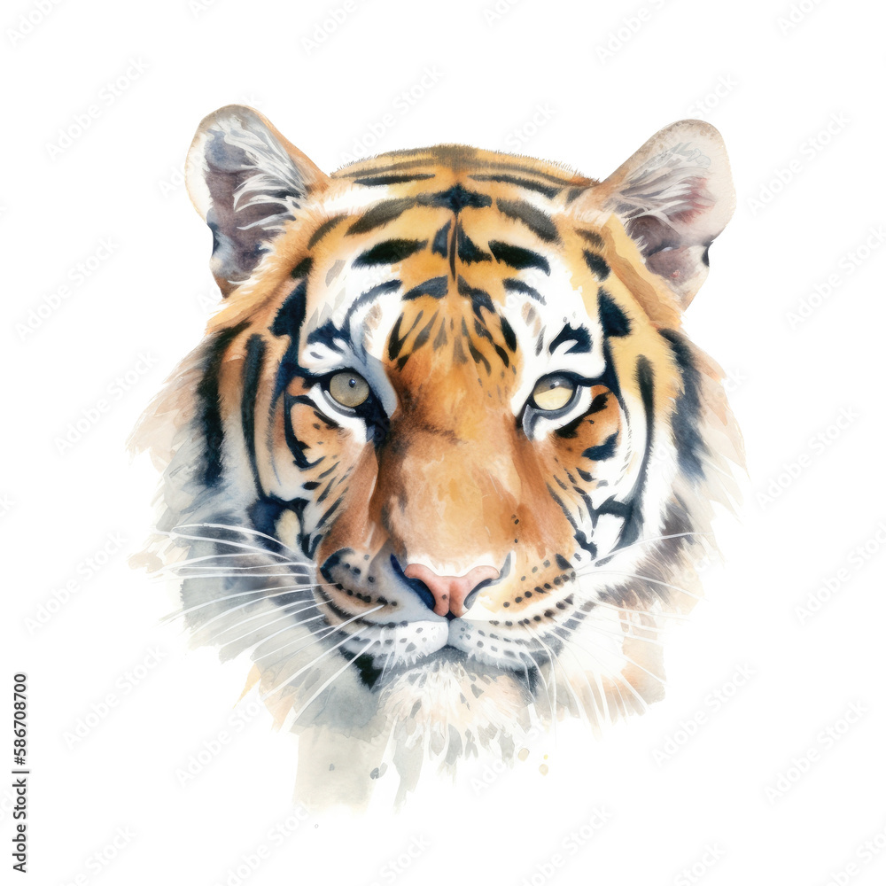 Fototapeta premium an isolated Bengal tiger portrait, face, stalking prey, fierce jungle-themed watercolor illustration on a transparent background in PNG. Generative AI