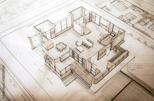 Generative AI illustration of Architectural plans, drawings, pencil sketches, paper textures, book pages, floor plans