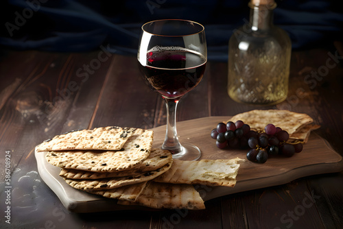 Jewish traditional matzah bread and red wine on a brown wooden table, Passover, Generative AI 1