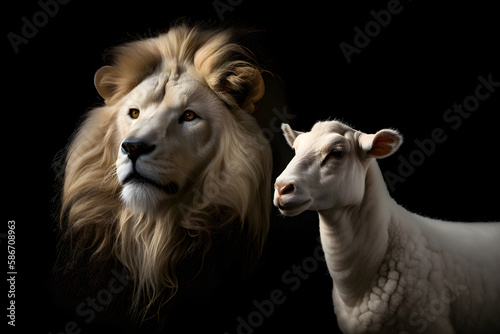 Lion and Lamb together on a black background. Two aspects of the nature of Jesus Christ  Generative AI 2