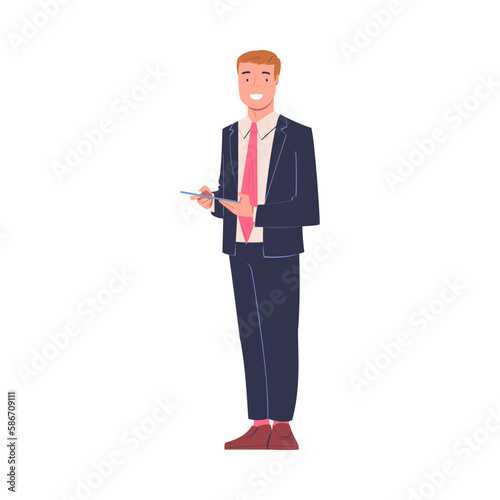 Man Entrepreneur and Office Employee Standing in Suit with Clipboard and Smiling Vector Illustration