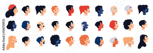 Big bundle profile faces. Vector illustrations isolated on a white background. Diversity people.