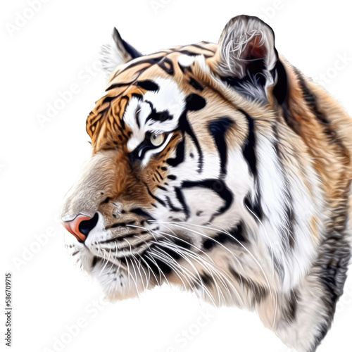 an isolated Bengal tiger side view portrait  majestic face  stalking prey  fierce jungle-themed photoreal illustration on a transparent background in PNG. Generative AI