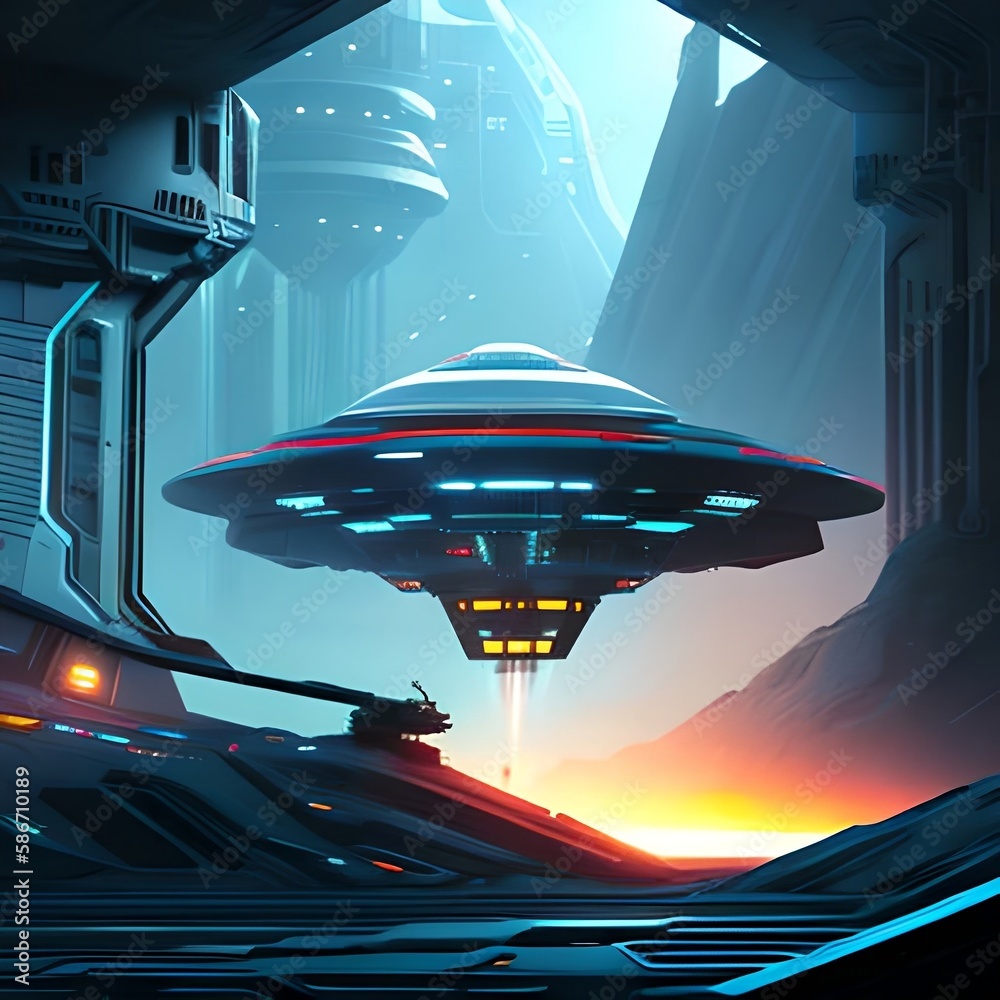 illustration painting of Sci-fi scene showing the spaceship abducting human at the night - Generative AI illustration painting of Sci-fi scene showing the spaceship abducting human at the night - Generative AI