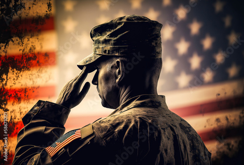 A military veteran salutes the American flag and the national anthem. This image can be used to honor the service and sacrifices of military members. Generative AI photo