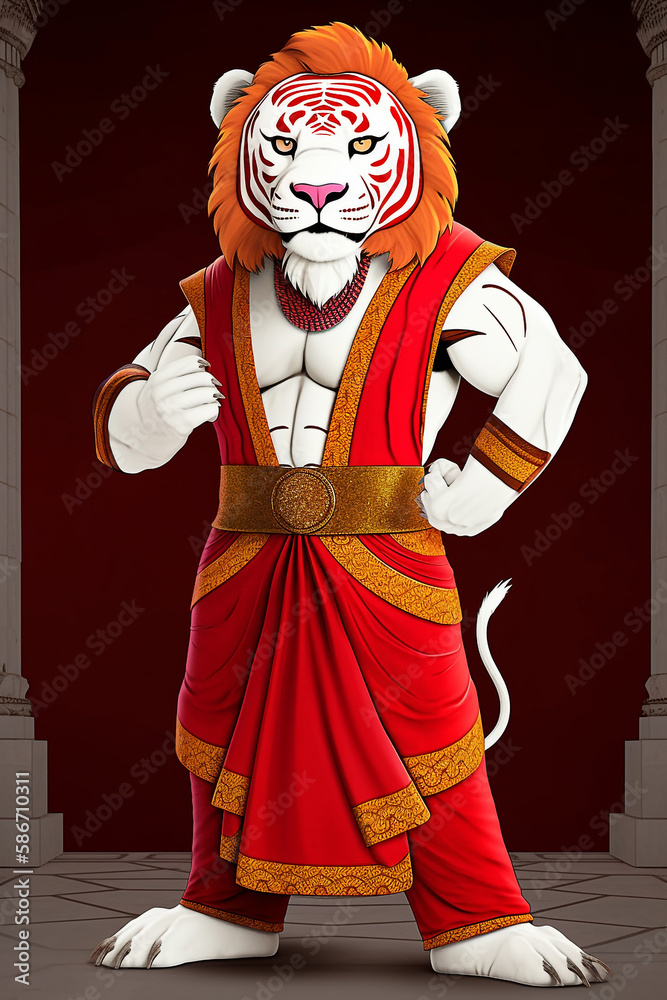A Stylish Cute Red And White Dressed Muscular lion In Traditional Contemporary Maharaja Costume Generative Ai Digital Illustration Part#290323