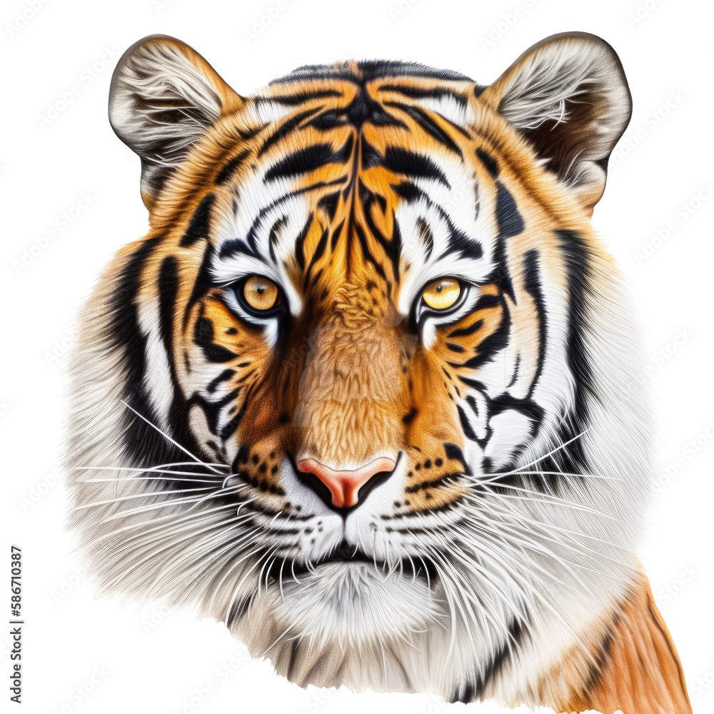 Obraz premium an isolated Bengal tiger portrait, face, stalking prey, fierce jungle-themed photorealistic illustration on a transparent background in PNG. Generative AI