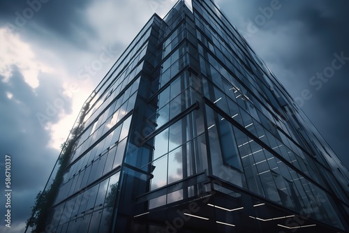 Perspective of high rise building and dark steel window system with clouds reflected on the glass. Business concept of future architecturer. 3d rendering See Less, Generative AI